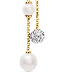 Pearl And Pavé Two Row Drop Earrings In 18k Yellow Gold With Pearls And Diamonds, 2.1in