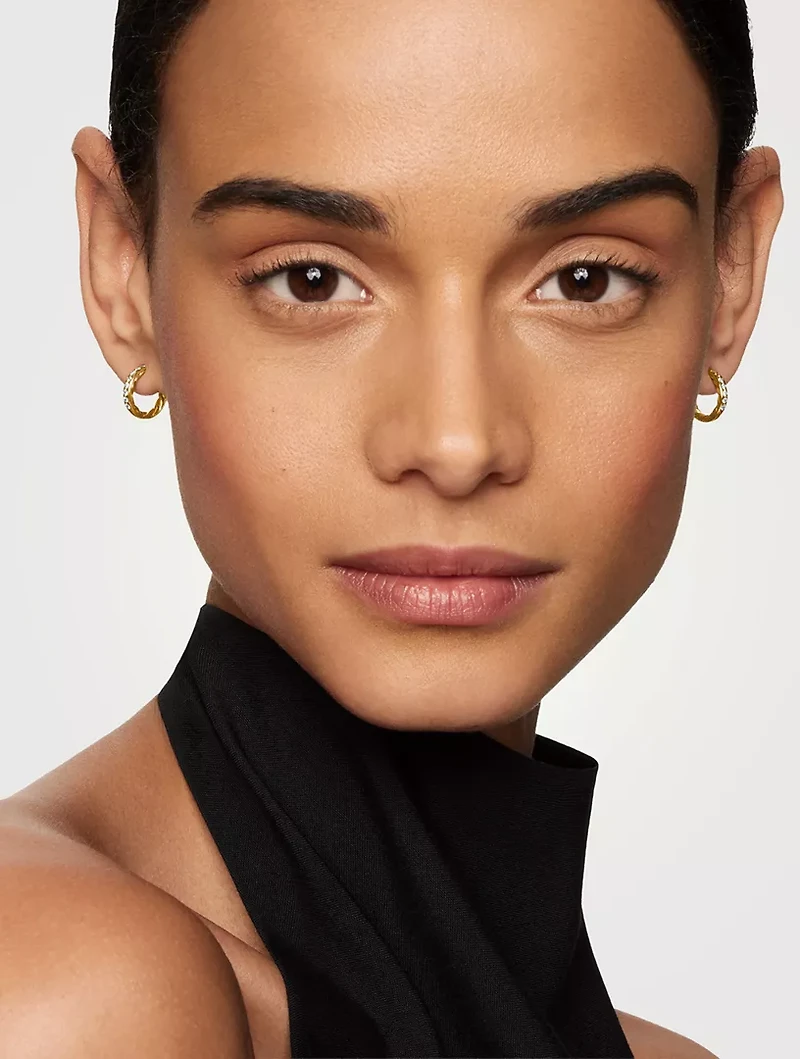Pavé Huggie Hoop Earrings In 18k Yellow Gold With Diamonds, 13mm