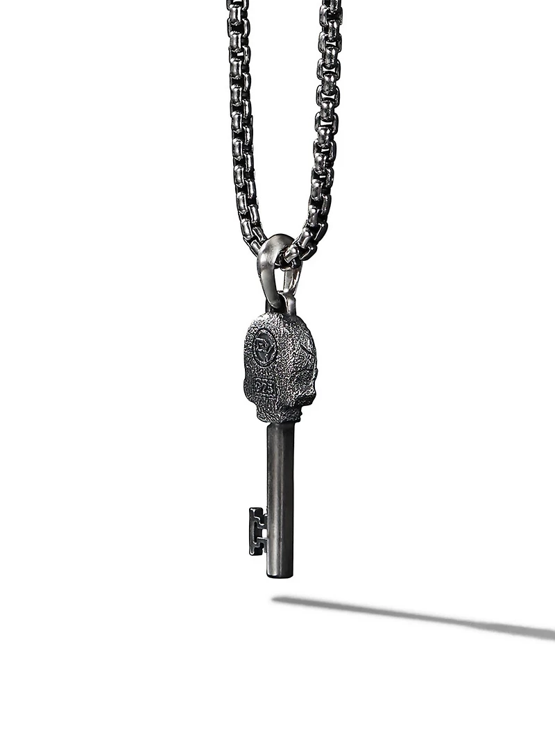 Memento Mori Skull Key Amulet In Sterling Silver With Pavé Black Diamonds