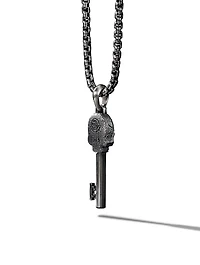 Memento Mori Skull Key Amulet In Sterling Silver With Pavé Black Diamonds