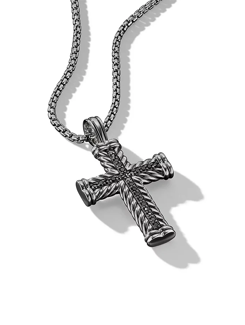 Chevron Cross Pendant In Sterling Silver With Pavé Black Diamonds