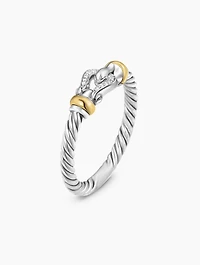Petite Buckle Ring In Sterling Silver With 18k Yellow Gold And Diamonds, 2mm