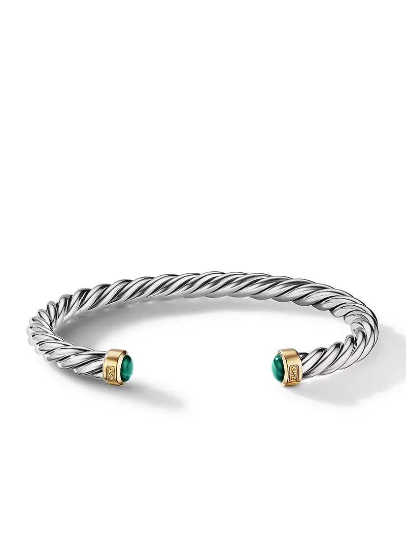 Cable Cuff Bracelet Sterling Silver With 18k Yellow Gold And Malachite