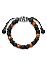 Spiritual Beads Two Row Woven Bracelet Black Onyx, Tiger’s Eye, Nylon And Sterling Silver, 8mm