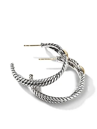 Cable Loop Hoop Earrings In Sterling Silver With 18k Yellow Gold