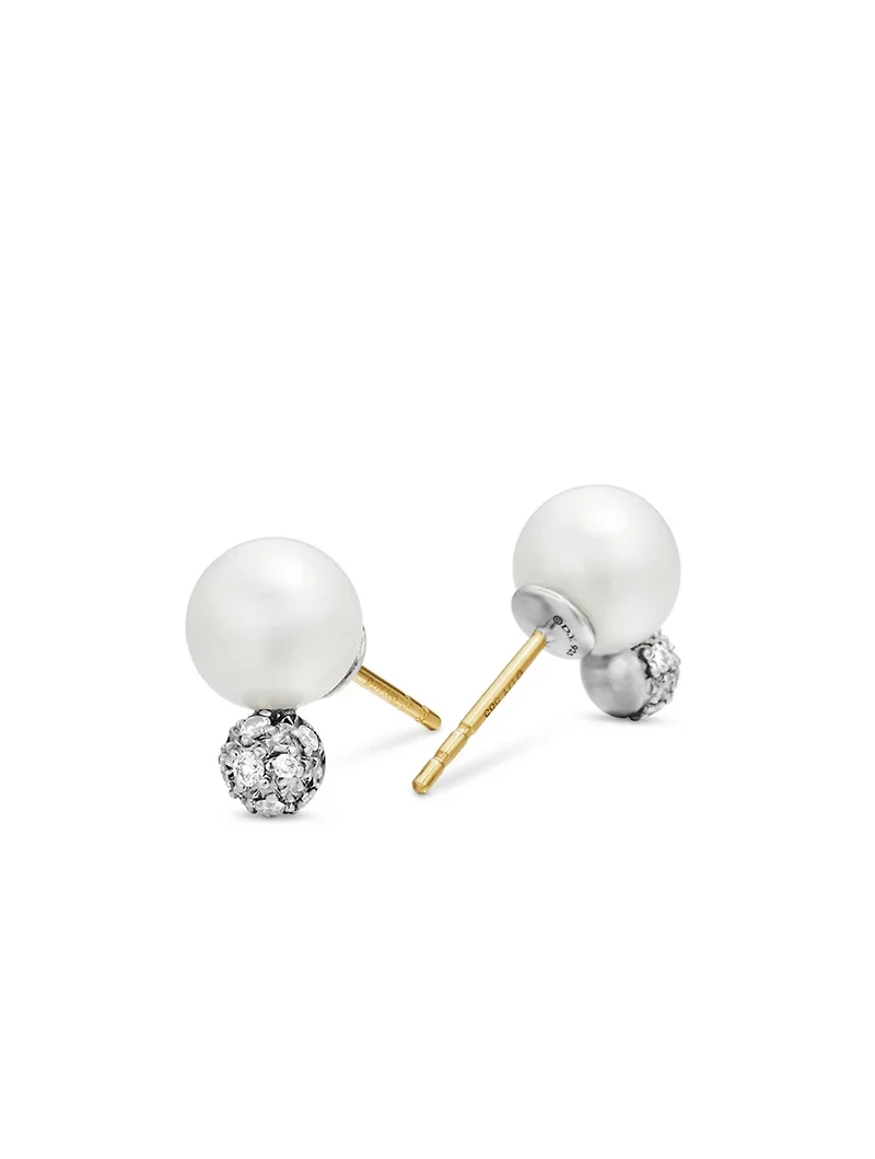 Pearl And Pavé Solari Stud Earrings In Sterling Silver With Pearls And Diamonds, 13mm