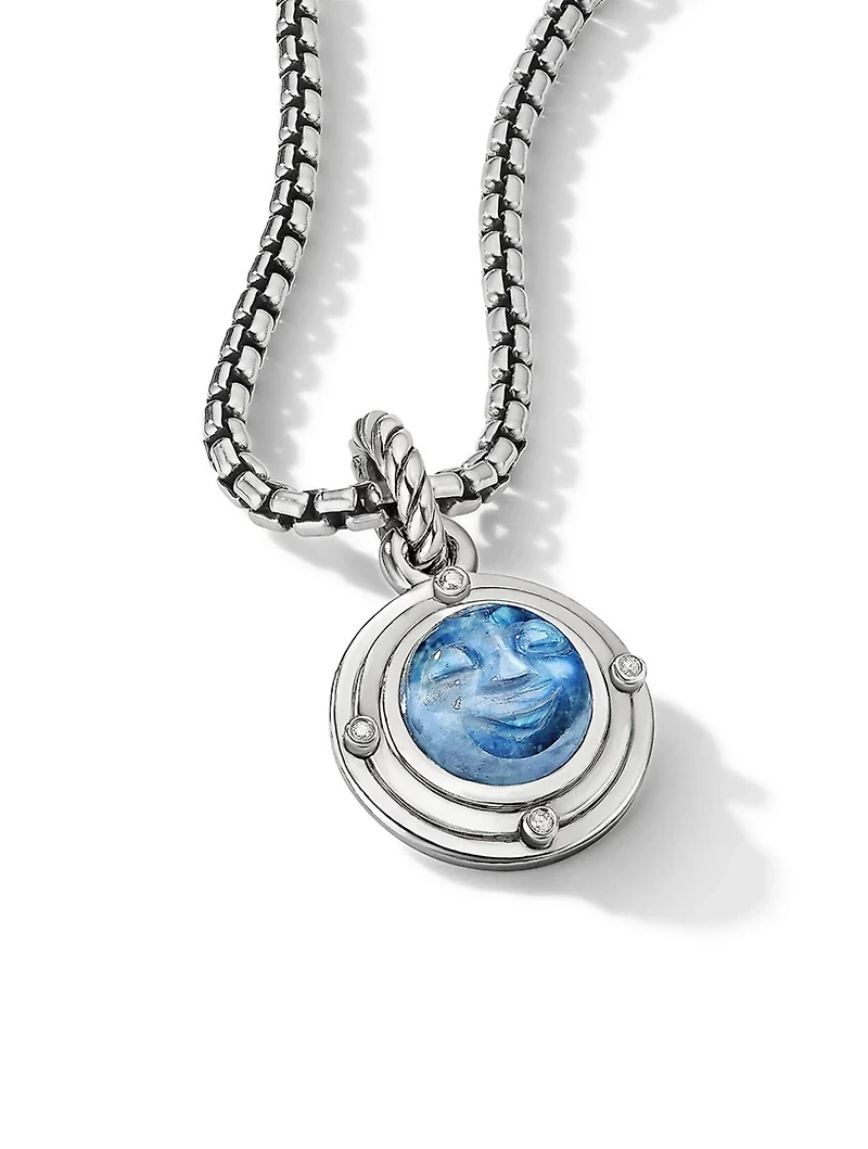 Moon Amulet In Sterling Silver With Rainbow Moonstone And Diamonds