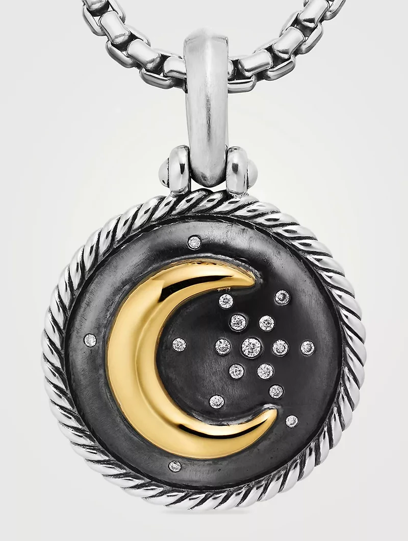 Moon And Star Amulet In Sterling Silver With 18k Yellow Gold And Diamonds, 21mm