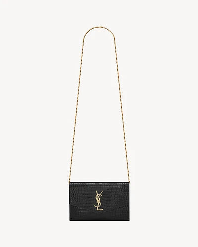 Uptown chain wallet in shiny crocodile-embossed leather