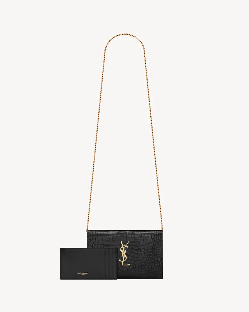 Uptown chain wallet in shiny crocodile-embossed leather