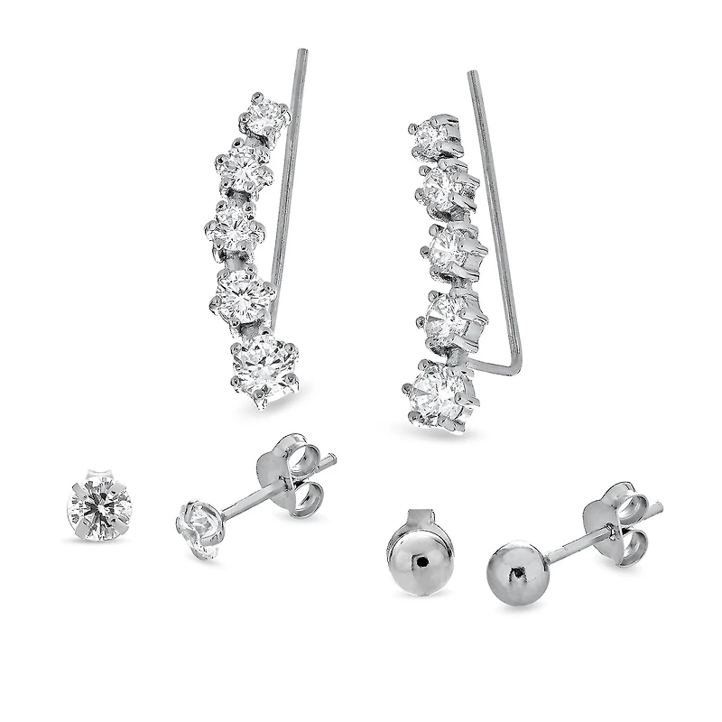 Womens Cubic Zirconia Sterling Silver Ball 3 Pair Earring Set