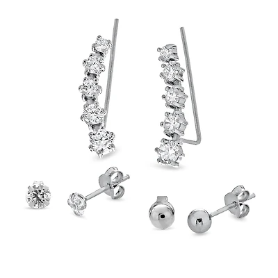 Womens Cubic Zirconia Sterling Silver Ball 3 Pair Earring Set