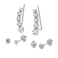Womens Cubic Zirconia Sterling Silver Ball 3 Pair Earring Set