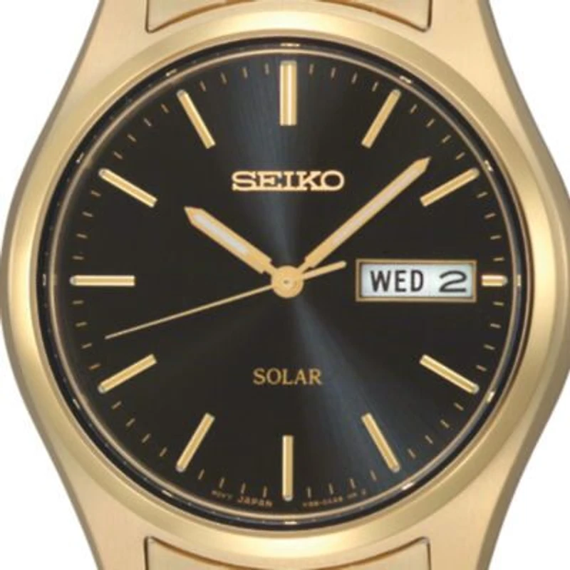 Seiko® Mens Black Dial Gold-Tone Stainless Steel Solar Watch SNE044
