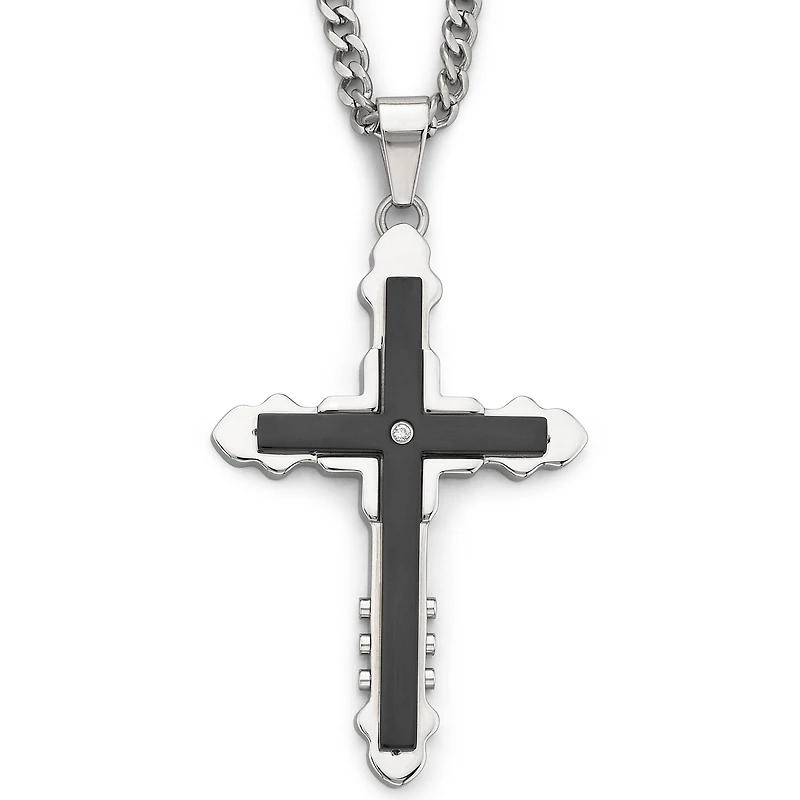 Mens Diamond-Accent Cross Pendant Necklace Stainless Steel