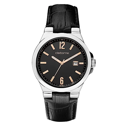 Claiborne Mens Black Leather Strap Watch