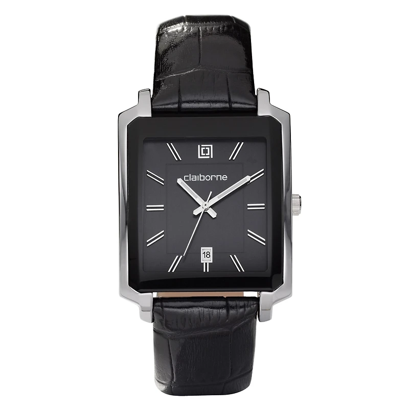 Claiborne Mens Black Leather Strap Rectangle Watch