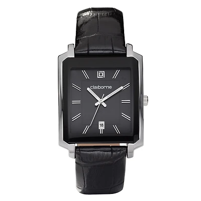 Claiborne Mens Black Leather Strap Rectangle Watch