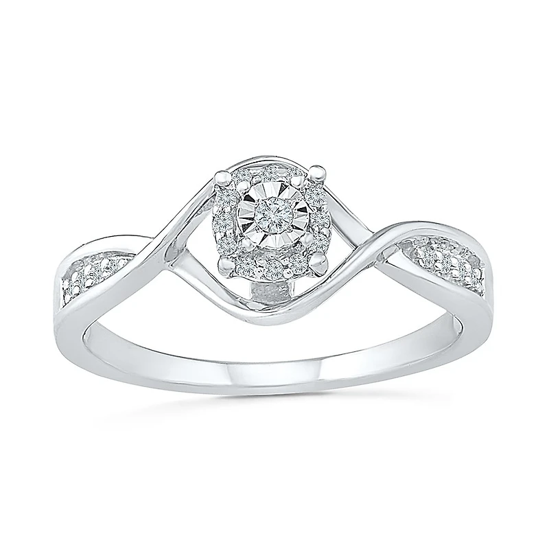 Promise My Love Womens 1/10 CT. T.W. Natural White Diamond Sterling Silver Round Side Stone Halo Ring