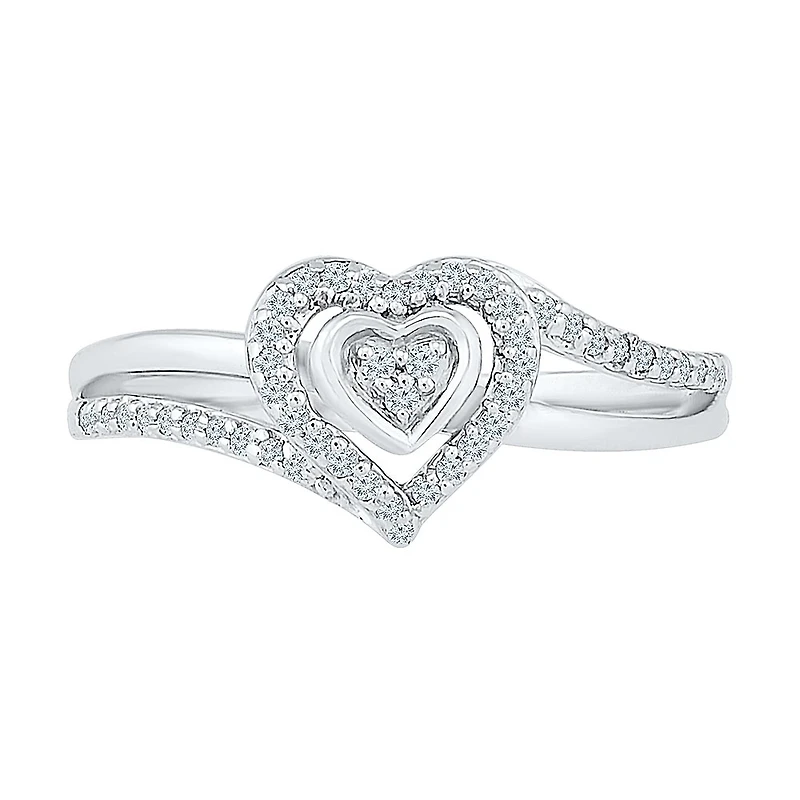 Promise My Love Womens 1/6 CT. T.W. Natural White Diamond Sterling Silver Heart Side Stone Halo Ring