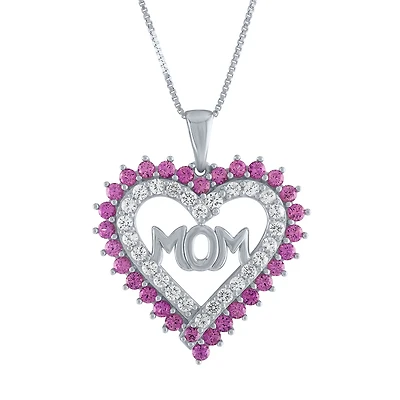 "Mom" Pink & White Lab-Created Sapphire Sterling Silver Heart Pendant Necklace
