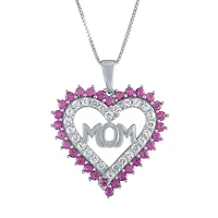 "Mom" Pink & White Lab-Created Sapphire Sterling Silver Heart Pendant Necklace