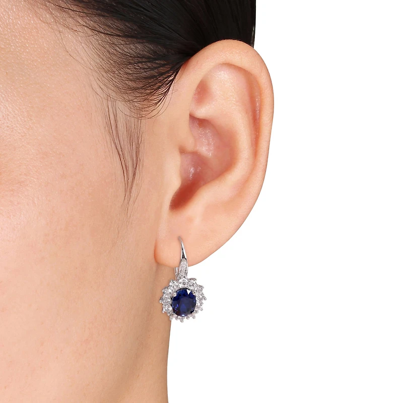 Womens Diamond Accent Lab Created Blue Sapphire Sterling Silver Oval Drop Earrings