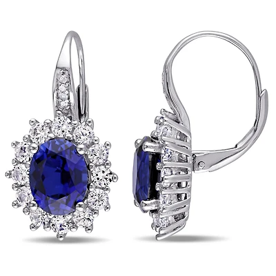 Womens Diamond Accent Lab Created Blue Sapphire Sterling Silver Oval Drop Earrings