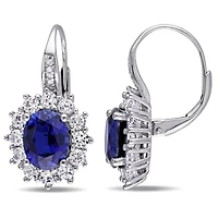 Womens Diamond Accent Lab Created Blue Sapphire Sterling Silver Oval Drop Earrings
