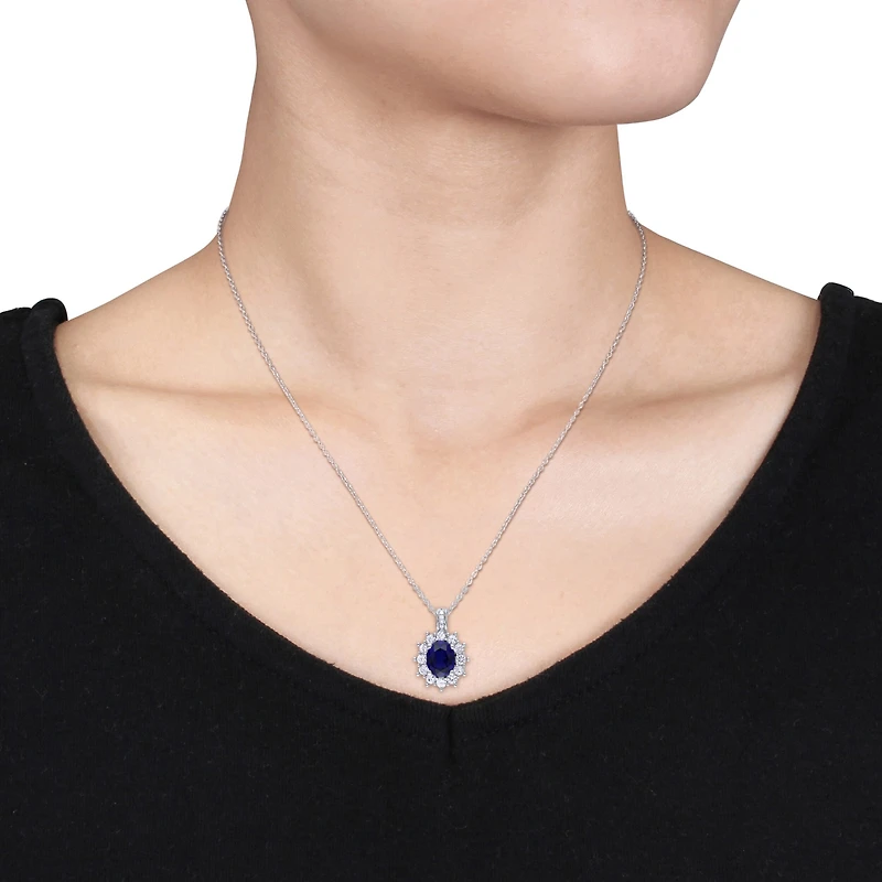 Womens Diamond Accent Lab Created Blue Sapphire Sterling Silver 18 Inch Pendant Necklace
