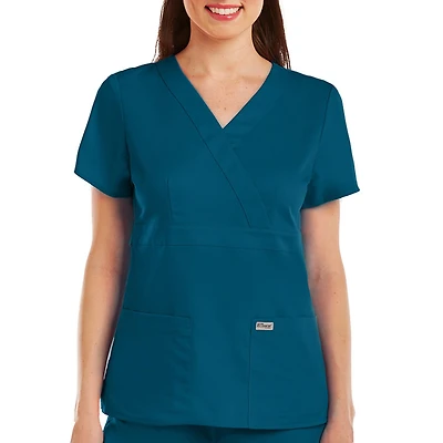 Grey's Anatomy™ by Barco Classic 4153 Riley 3-Pocket Mock Wrap Womens Plus Tall V Neck Short Sleeve Scrub Top