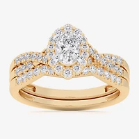 Signature By Modern Bride (G-H / Si1-Si2) Womens 7/8 CT. T.W. Lab Grown White Diamond 10K Gold Oval Side Stone Halo Bridal Set