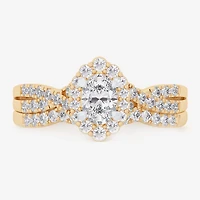 Signature By Modern Bride (G-H / Si1-Si2) Womens 7/8 CT. T.W. Lab Grown White Diamond 10K Gold Oval Side Stone Halo Bridal Set