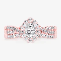 (G-H / Si1-Si2) Womens 7/8 CT. T.W. Lab Grown White Diamond 10K Gold Oval Side Stone Halo Bridal Set