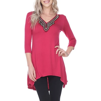 White Mark Tonya Womens V Neck 3/4 Sleeve Embellished Tunic Top