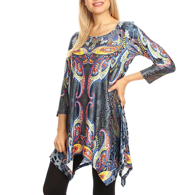 White Mark Womens Round Neck 3/4 Sleeve Tunic Top
