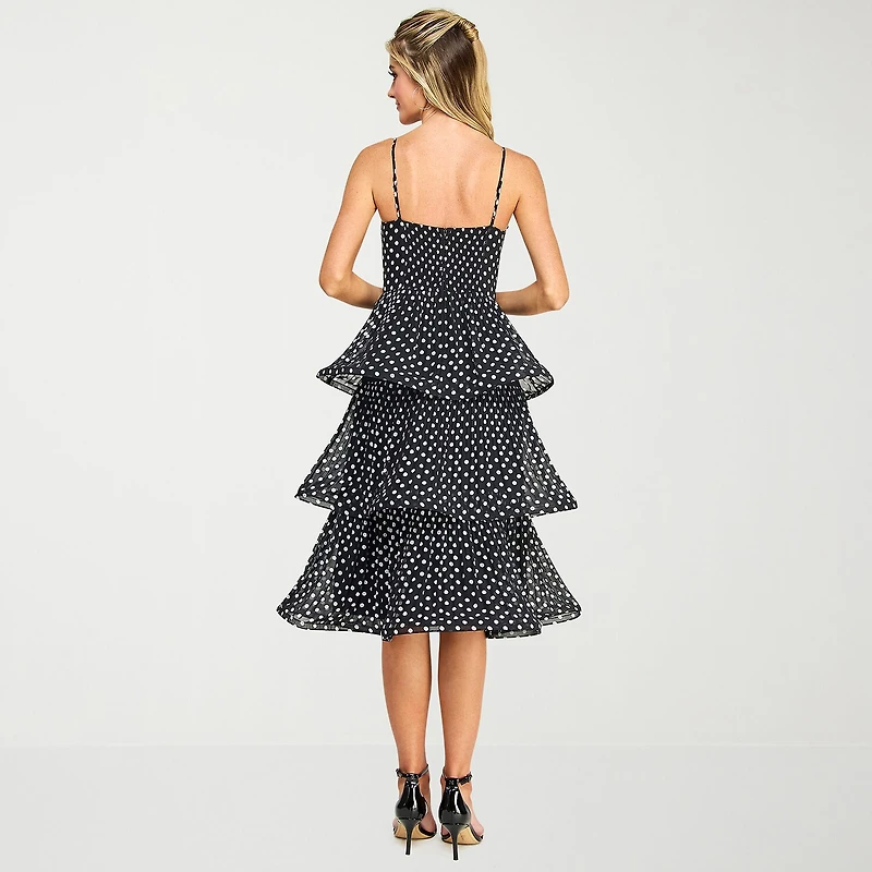 Premier Amour Womens Midi Square Neck Sleeveless Spaghetti Straps Polka Dot Fit + Flare Dress