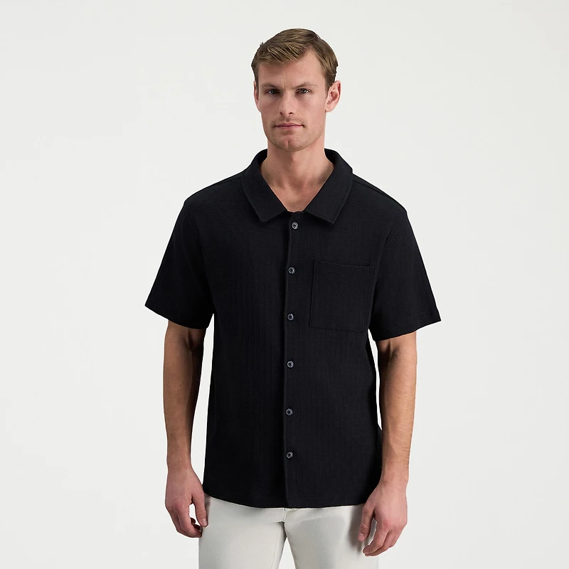 Haggar Knit Jacquard Mens Short Sleeve Regular Fit Button-Down Shirt
