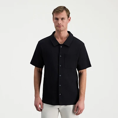 Haggar Knit Jacquard Mens Short Sleeve Regular Fit Button-Down Shirt
