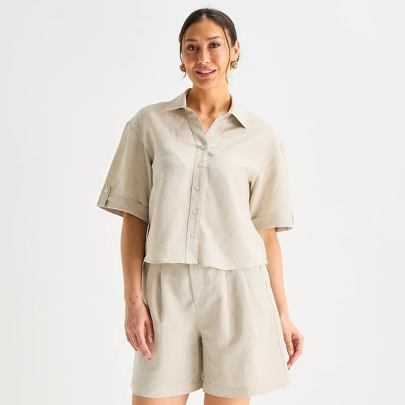 Liz Claiborne Linen Womens Short Sleeve Blouse