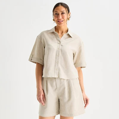 Liz Claiborne Linen Womens Short Sleeve Blouse