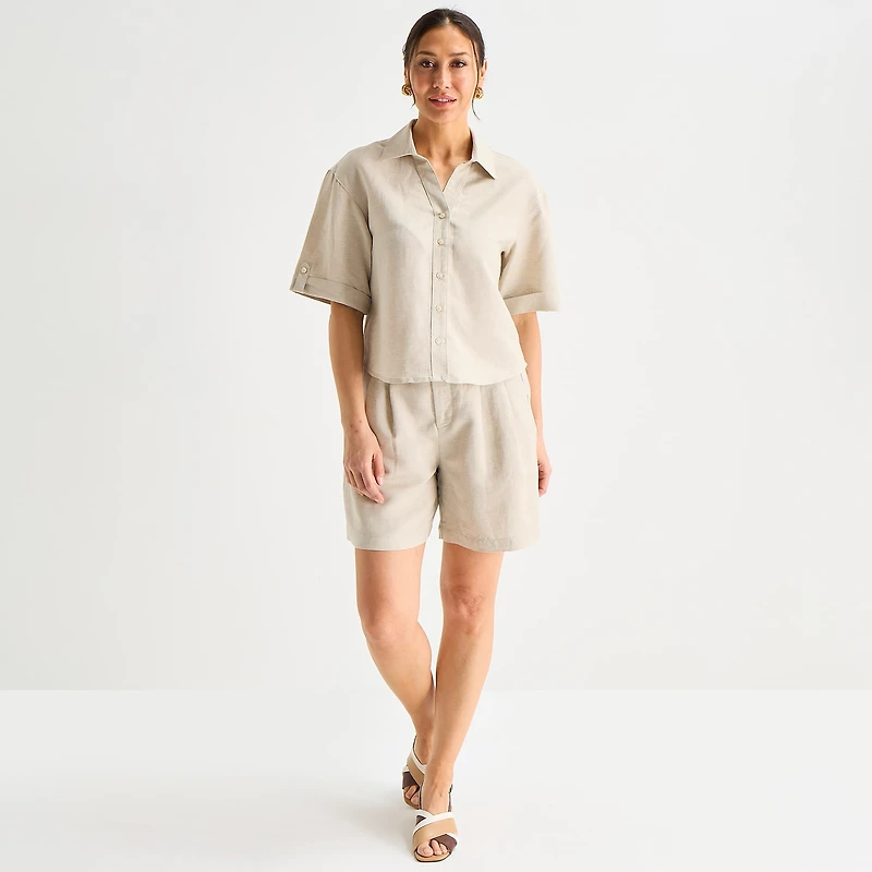 Liz Claiborne Linen Womens Short Sleeve Blouse
