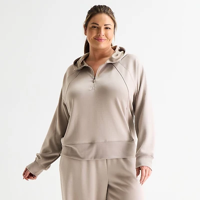 Xersion Womens Plus Scuba Luxe Hooded Half Zip Pullover