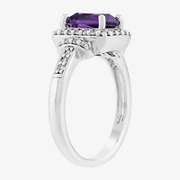 Limited Quantities! Womens Genuine Purple Amethyst Sterling Silver Cushion Halo Side Stone Cocktail Ring