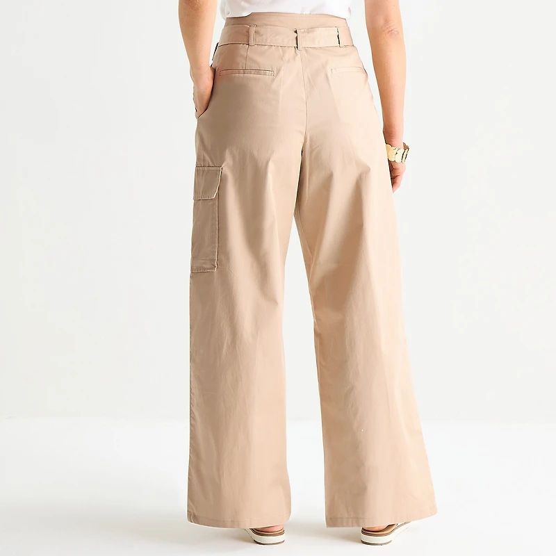 Liz Claiborne Womens Belted Wide Leg Mid Rise Cropped Pant