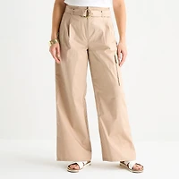 Liz Claiborne Womens Belted Wide Leg Mid Rise Cropped Pant
