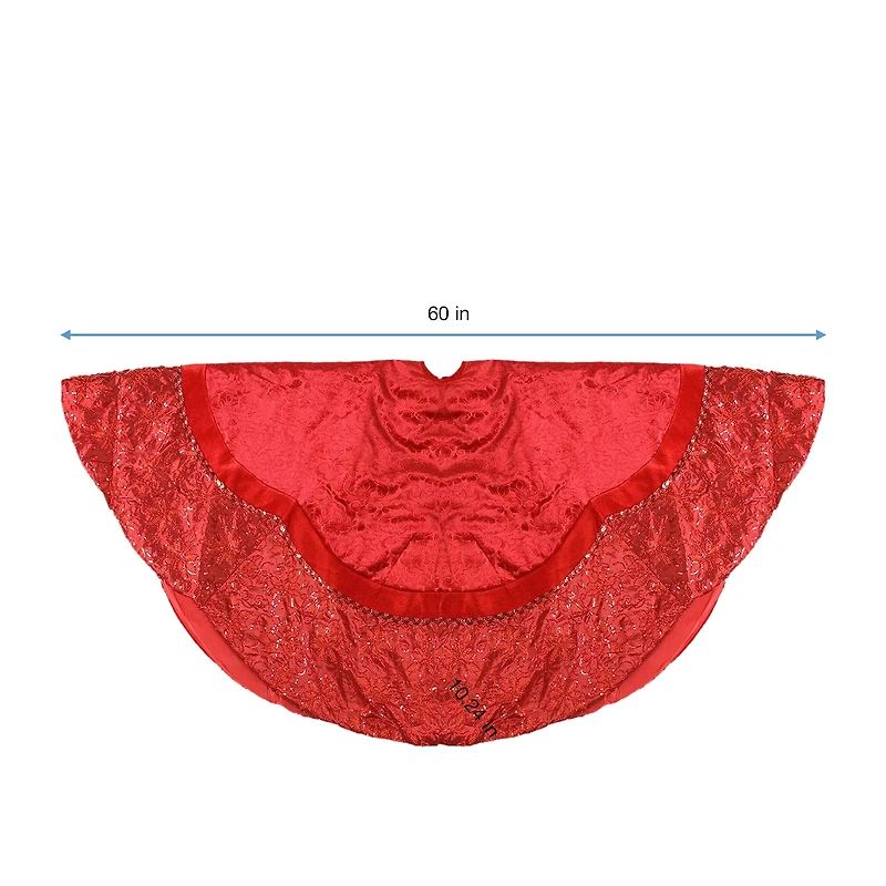 60'' Red Velvet Damask Sequin Embroidered Poinsettia Trimmed Scalloped Edge Christmas Tree Skirt