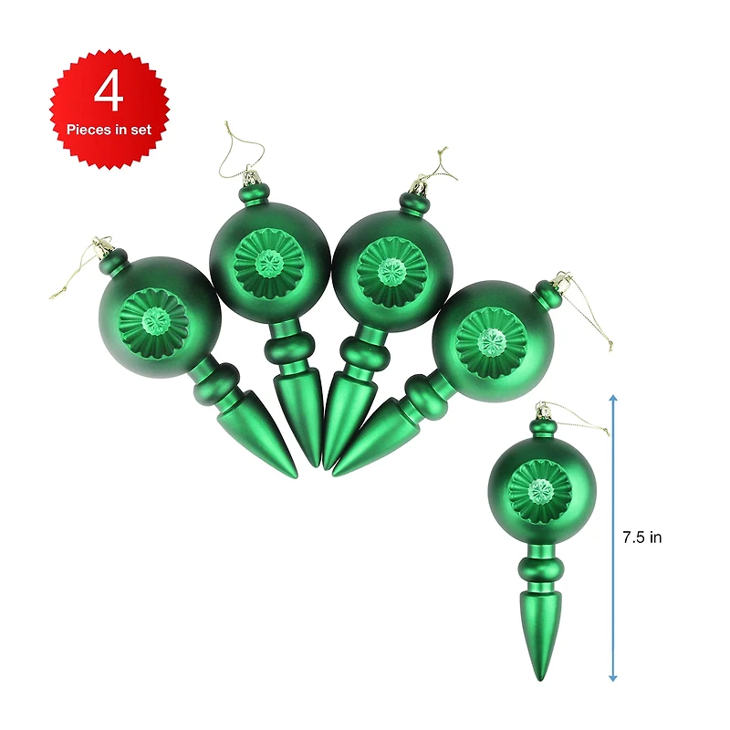 4ct Green Retro Reflector Shatterproof Matte Christmas Finial Ornaments 7.5"