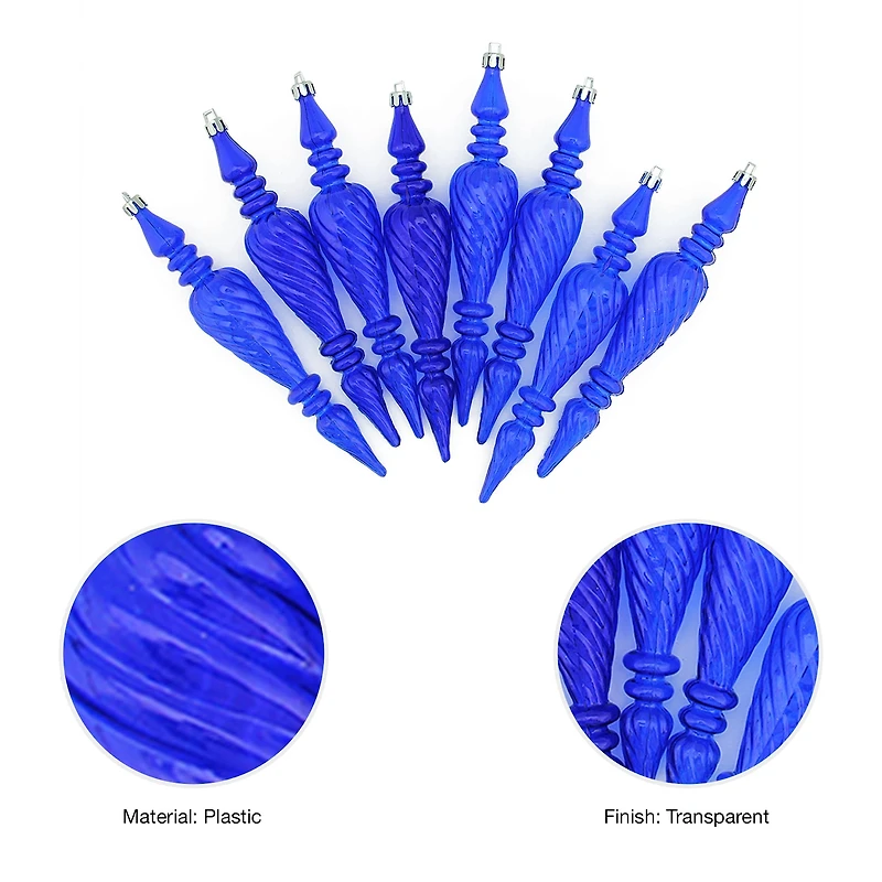 8ct Transparent Blue Shatterproof Spiral Finial Christmas Ornaments 7"