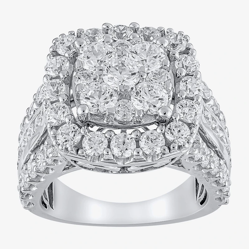 (G/Si2) Womens 4 CT. T.W. Lab Grown White Diamond 10K Gold Cushion Halo Side Stone Cocktail Ring